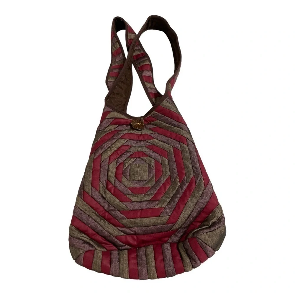 Boho Quilted Silk Shoulder Bag | Red Brown Patchwork Hobo | Coconut Button